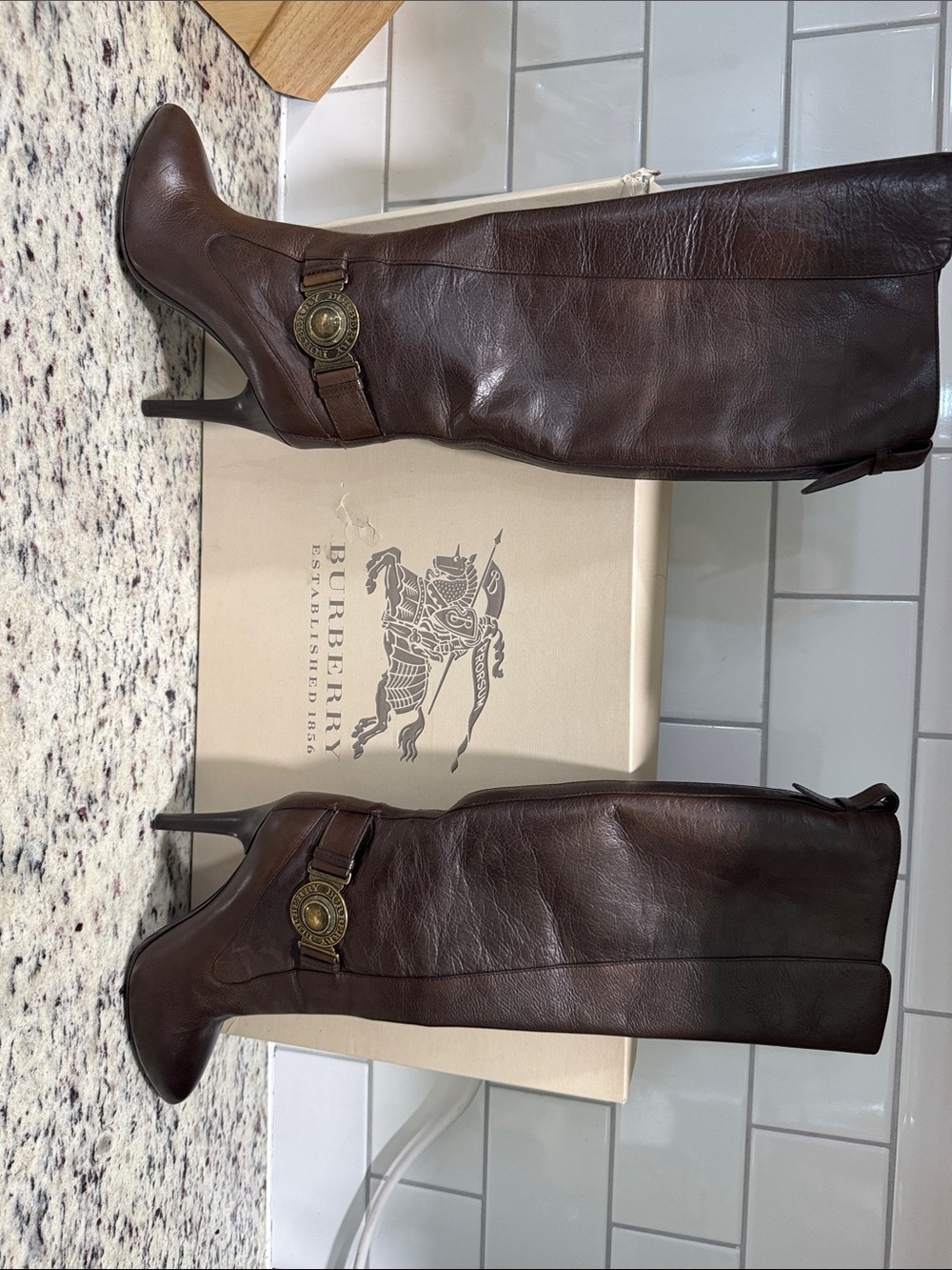 Burberry Dark Brown Leather Knee-High Heeled Boots with Branded Medallion